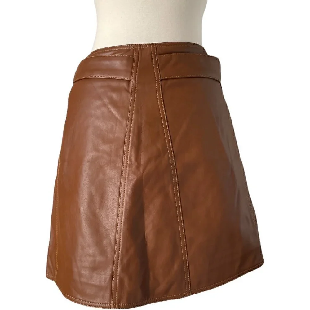 Divine Heritage Faux Leather Wrap Mini Skirt S Brown Belted